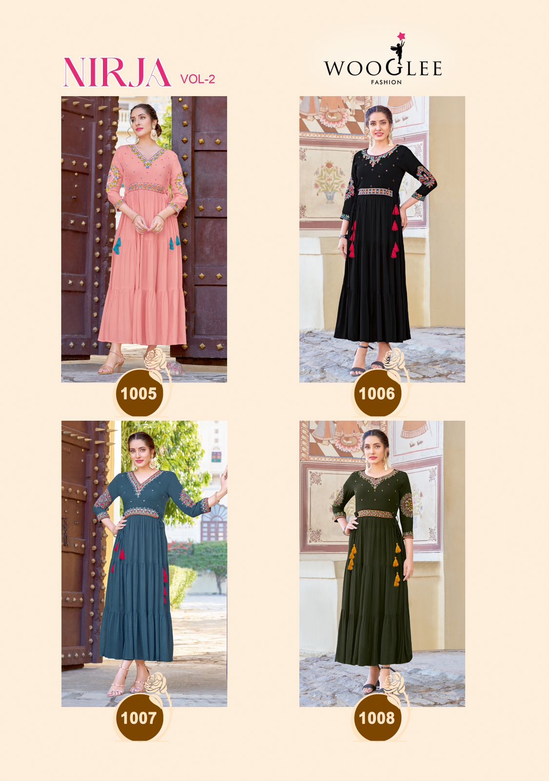 Nirja Vol 2 By Wooglee Designer Rayon Embroidered Long Kurtis Wholesale Price In Surat
